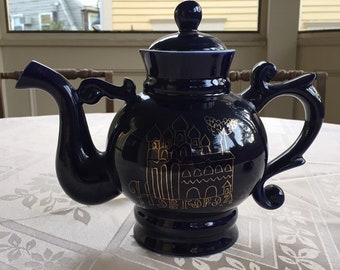 Vintage Porcelain Teapot Coffee Pot Dark Blue Cobalt 24K Gold Novgorod 1974 Russia USSR Hand Painted LS7