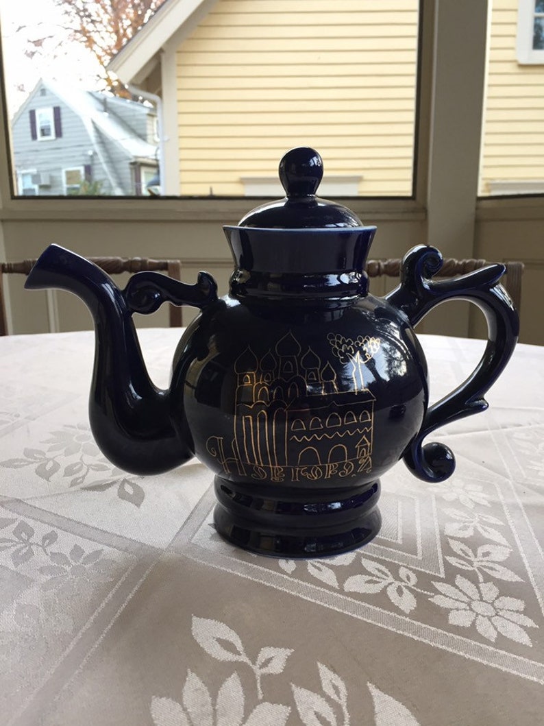 Vintage Porcelain Teapot Coffee Pot Dark Blue Cobalt 24K Gold Novgorod 1974 Russia USSR Hand Painted LS7 image 1