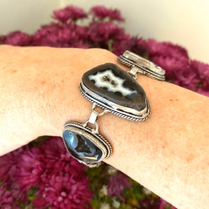 Agate Link Bracelet, Sterling Silver, Genuine Agate, Adjustable Clasp, Stamped 925, Agate Druzy Bracelet