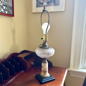Antique Oil Lamp Converted to AC: EAPG Etched Glass, Porcelain Stem