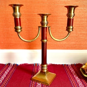 Vintage Candelabra 3 Arm Candle Holder Solid Brass And Wood Table Centerpiece Art Nouveau Style