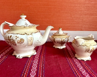 Circa 1937 Sadler Of England Teapot, Creamer And Sugar Bowl in Cream Yellow with Gold Gilt Trim #2953 Tea Set Vintage