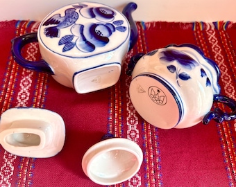 Soviet USSR Era Gzhel Cobalt Blue and White Porcelain Floral Tea