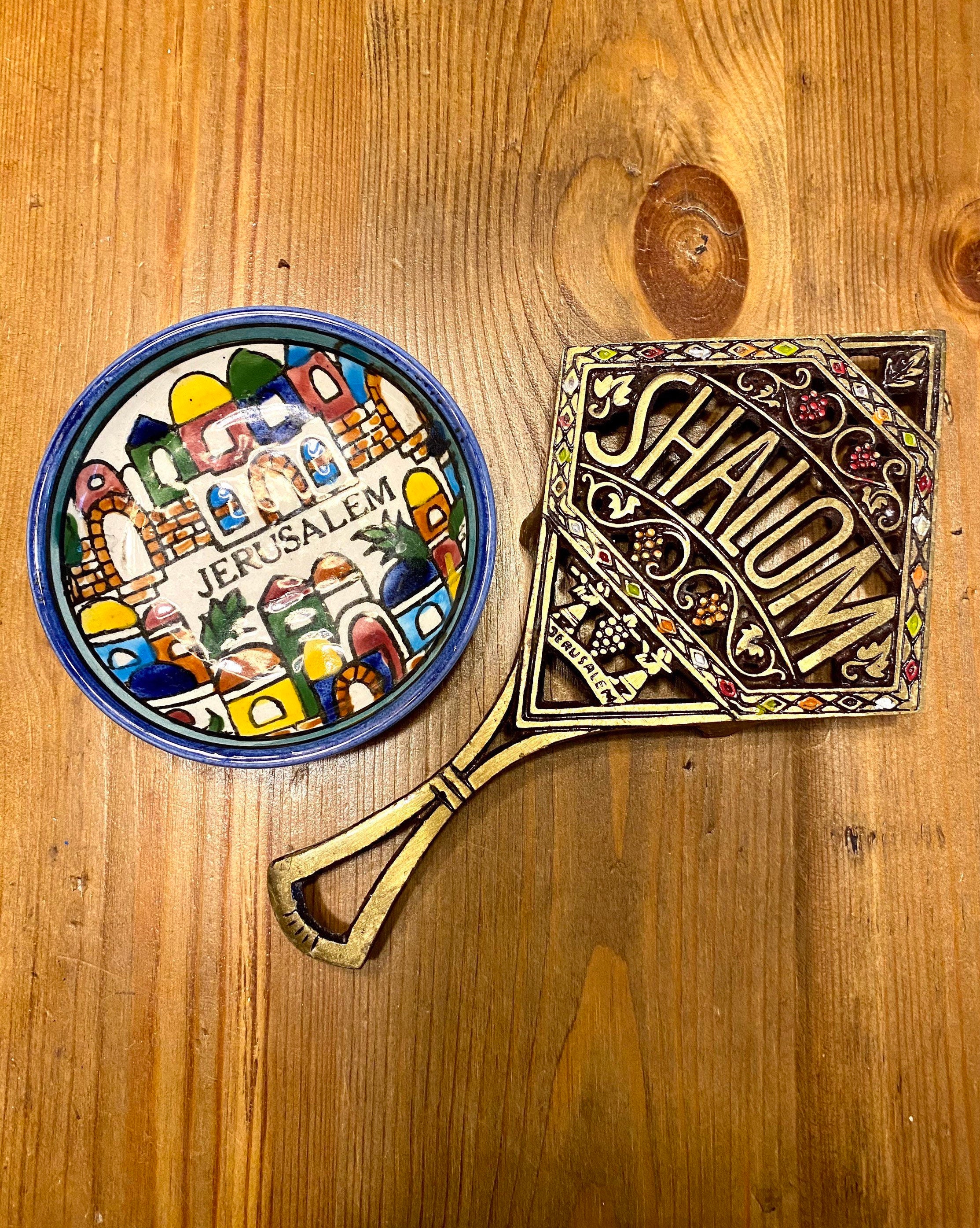 Midcentury Judaica Brass And Enamel Shalom Trivet And Ceramic Saucer Set Made in Israel Souvenirs of Jerusalem Midcentury Judaica Brass And Enamel Shalom Trivet And Ceramic Saucer Set Made in Israel Souvenirs of Jerusalem