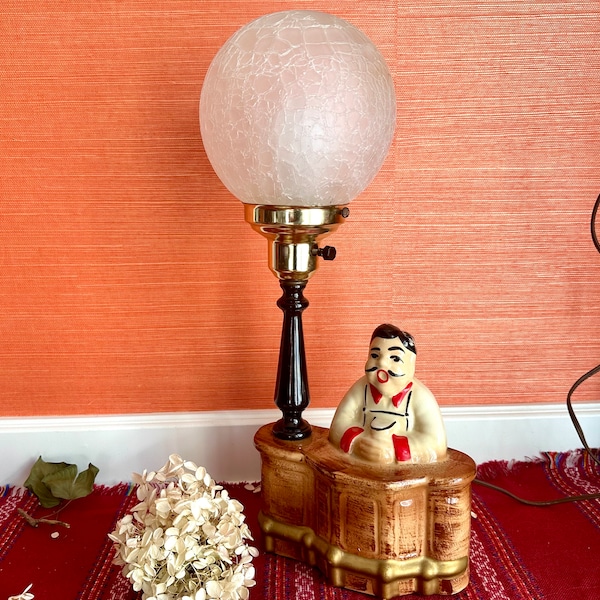 Midcentury Hand Painted Ceramic Bar Lamp With A Barman Bartender And Crackle Glass Globe Lampshade Working Great Sweet Bar Decor