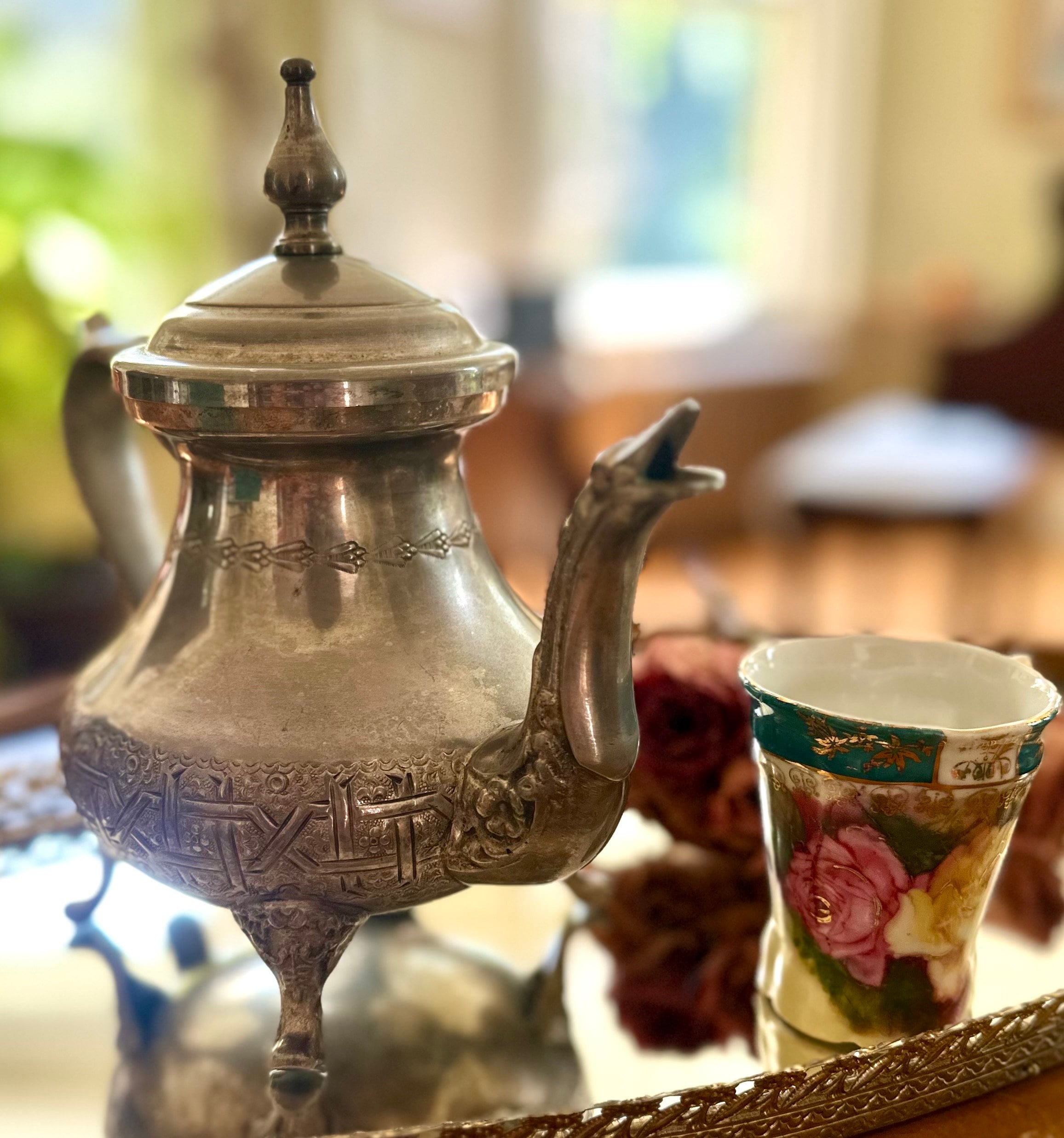 Vintage Moroccan Tea Pot Footed Pewter Traditional and Ornate