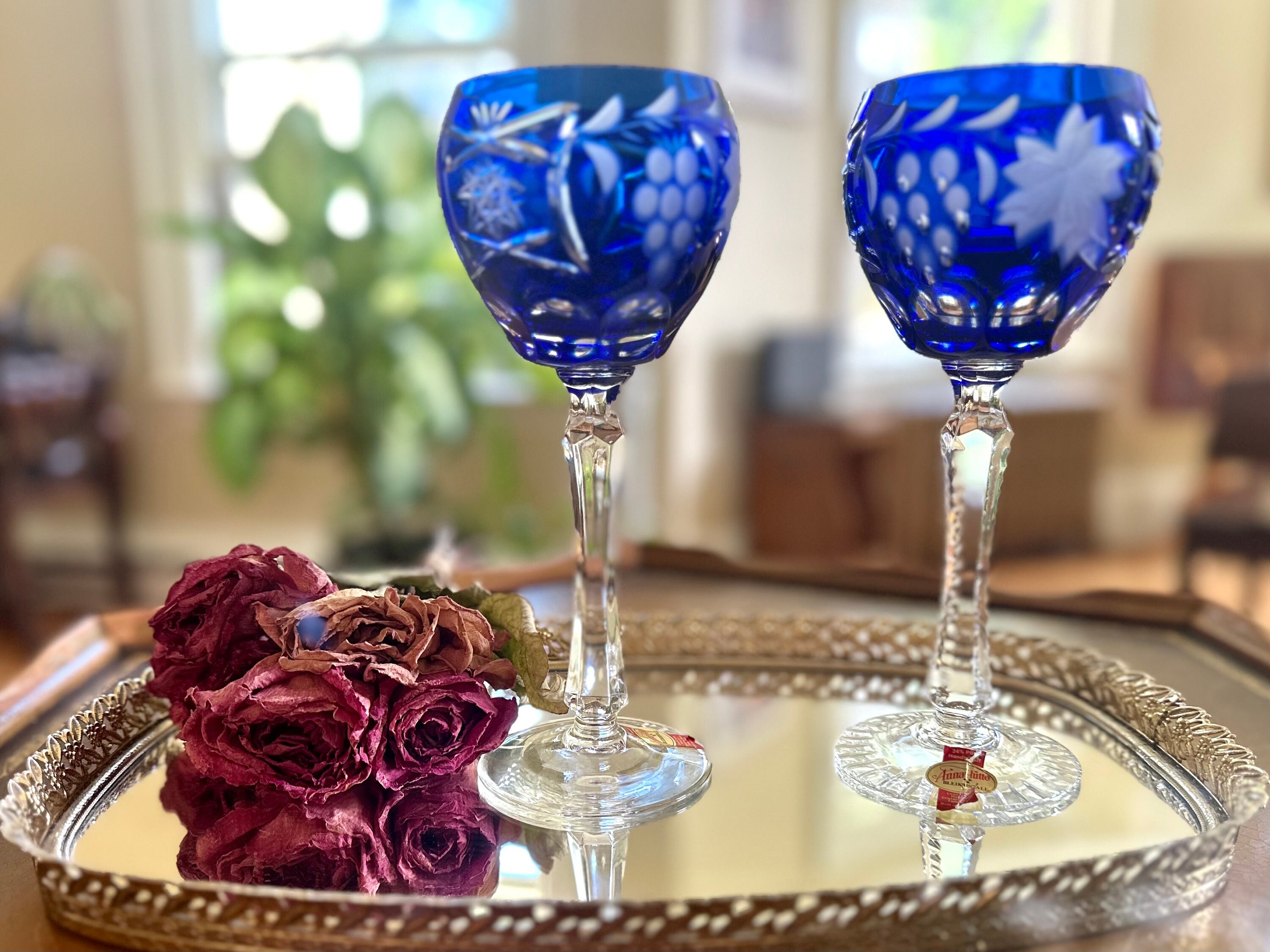 Pair of 24% Lead Crystal Glasses Cobalt Blue Anna Hutte Bleikristall Cut to  Clear Crystal Wine Glasses Vintage Wine Hocks West Germany 