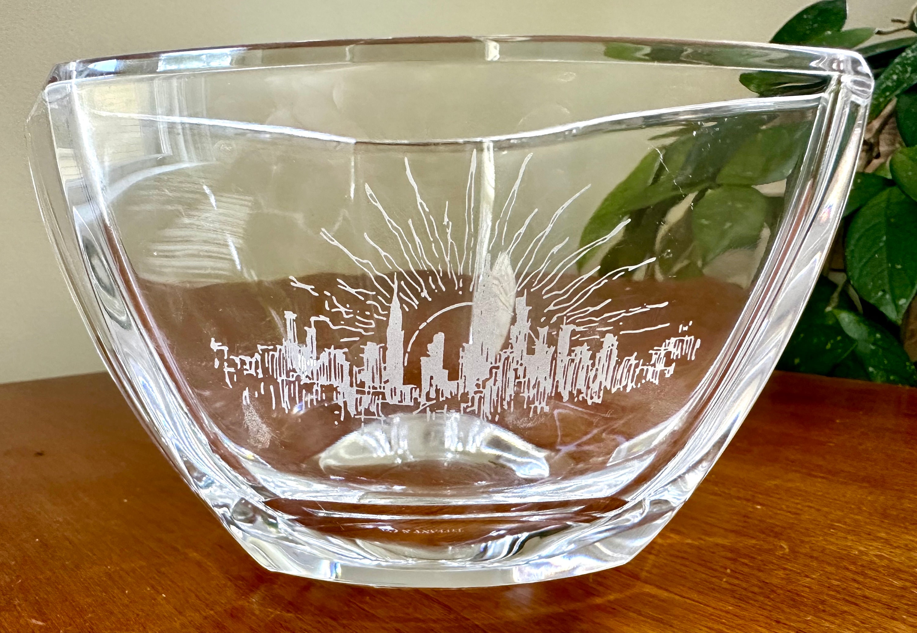 Tiffany & Co. Clear Crystal Glass Bowl Dish With Etched City