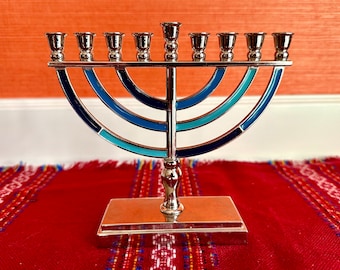 Hanukkah Menorah Footed Judaica Jewish Holiday Candelabra Religious Celebration Silver Colored Metal And Blue Enamel