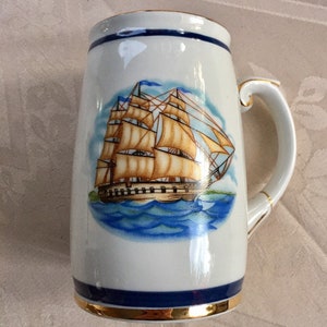 Vintage Dulevo Kuznetsov Factory Beer Stein Mug Sailboat Anchor Russian Porcelain