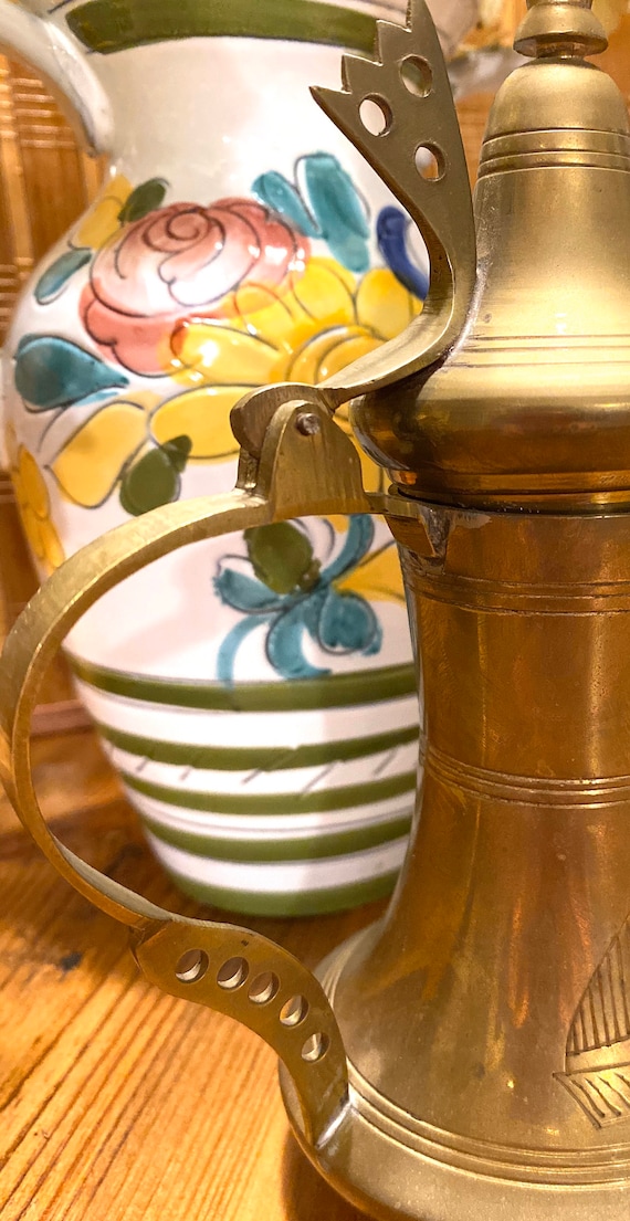 Etched Brass Dallah Coffee Pot: Vintage Saudi Arabian Pitcher - Etsy