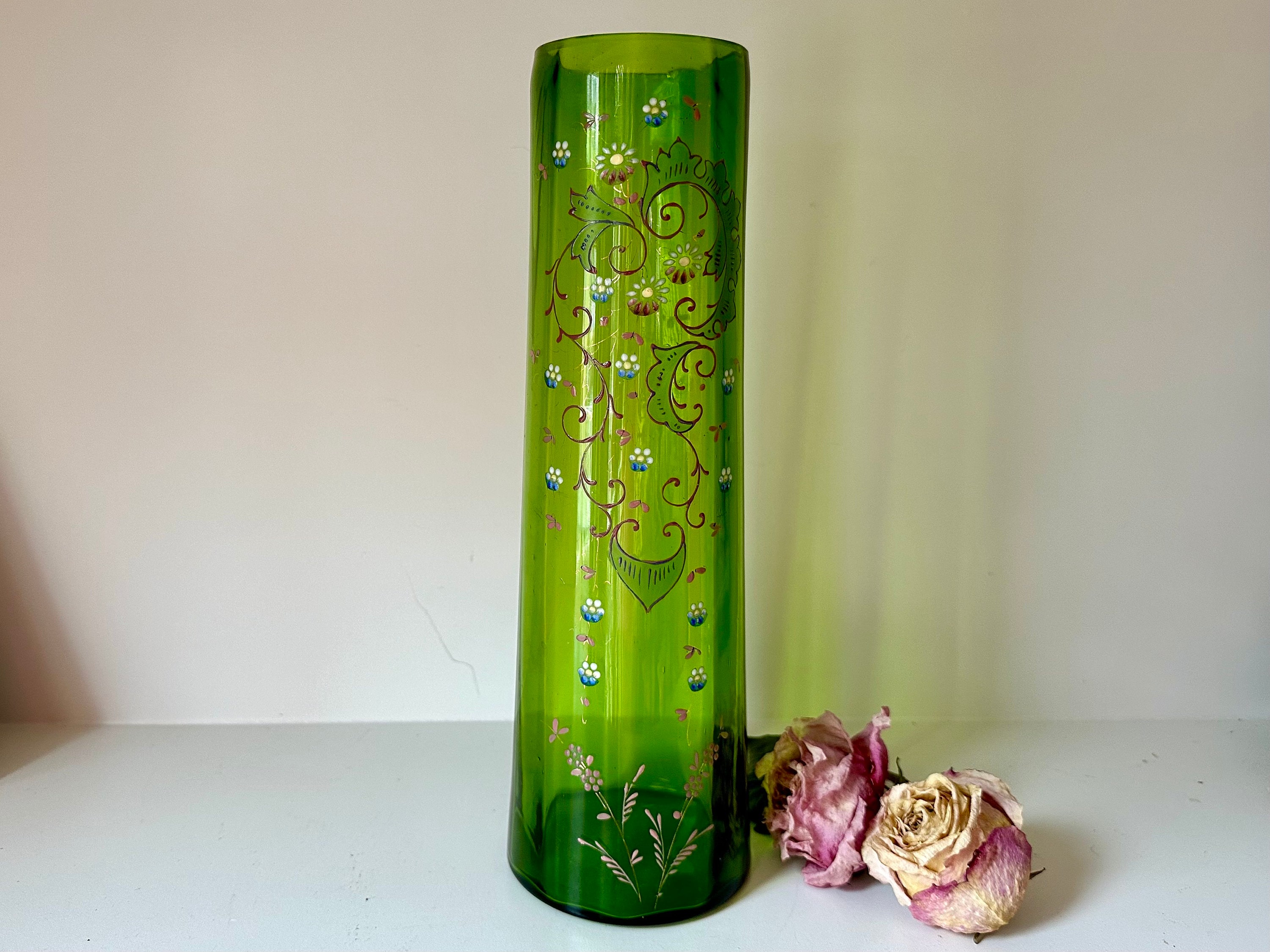 Antique Tall Moser Green Glass Vase Hand Blown With Hand Painted