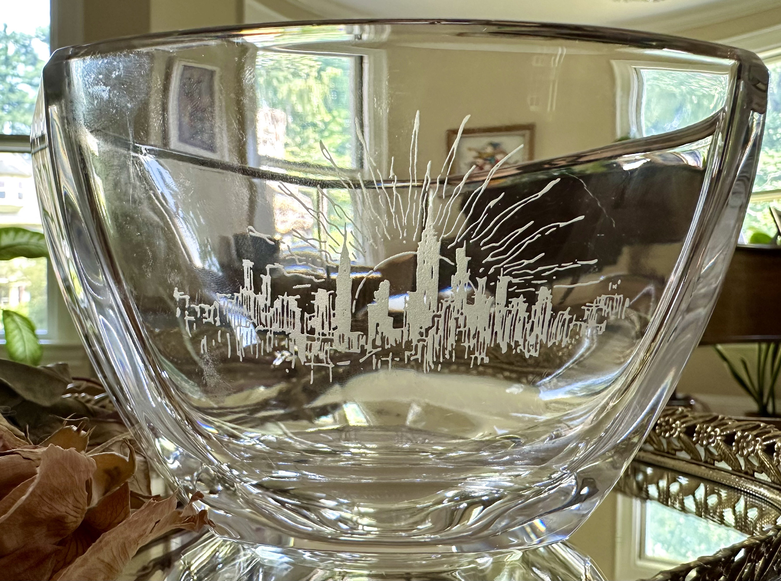 Tiffany & Co. Clear Crystal Glass Bowl Dish With Etched City