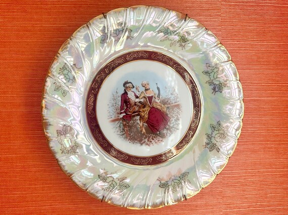 Rare Vintage Serving Plate Iridescent Colonial Couple Cabinet