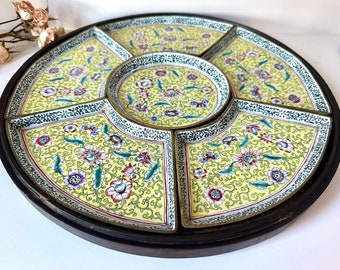 Antique Chinese Sweetmeat Vegetable Serving Set Enameled Brass Hand Painted Famille Jaune Floral On A Wooden Tray