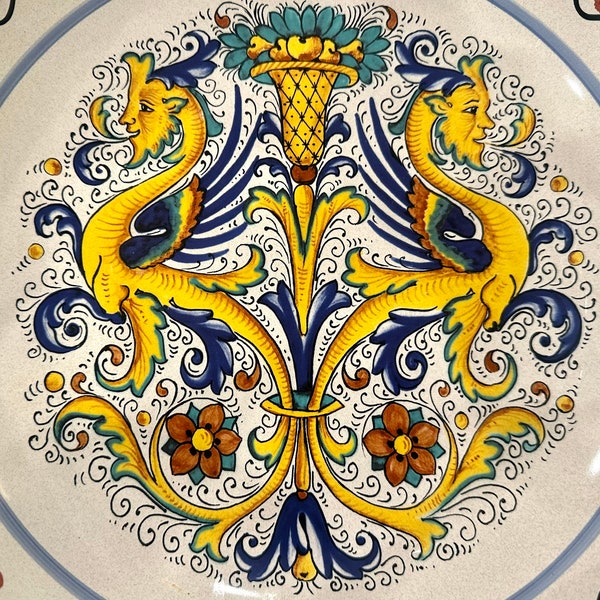 Large Italian Ceramics Round Bowl Nova Deruta Hand Painted Raffaellesco Dragons Ceramic Vintage