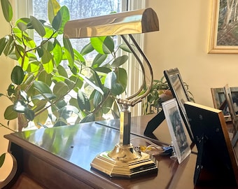 Vintage mosiężne biurko z zawiasami, regulowane, fortepian, lampa bankiera, fajna retro, 2 żarówki