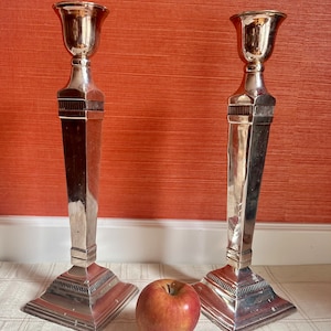 A Pair Of Large Silver Plated Candlesticks Shabbat Candle Holders Pottery Barn Eclectic 14 1/4”