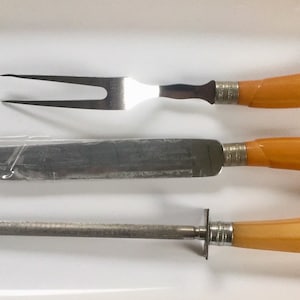 Jahrgang Sheffield Fleisch 3 Stück Carving Set, Midcentury Besteck, Art Deco, hergestellt in England, Butterscotch Bakelit und Edelstahl