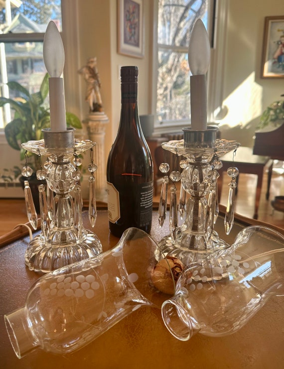 ドイツKENSINGTON クリスタルグラス クラシック インテリアランプセット Pair of Mid Century Electric Hurricane Lamps Mantel Candelabras