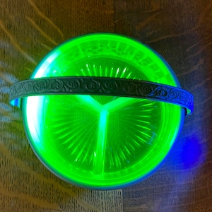 Green Depression Glass Divided 4 Section Condiment Dish With Silver Caddy 1920s Uranium Vaseline Depression Glass Vintage Green Kitchen