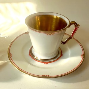 Antique Suisse Langenthal Demitasse Cup and Saucer: Art Deco Gilded Porcelain, 1920s