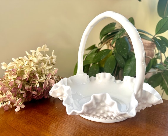 Adorable Fenton Milk Glass Hobnail Ruffled Basket With A Handle