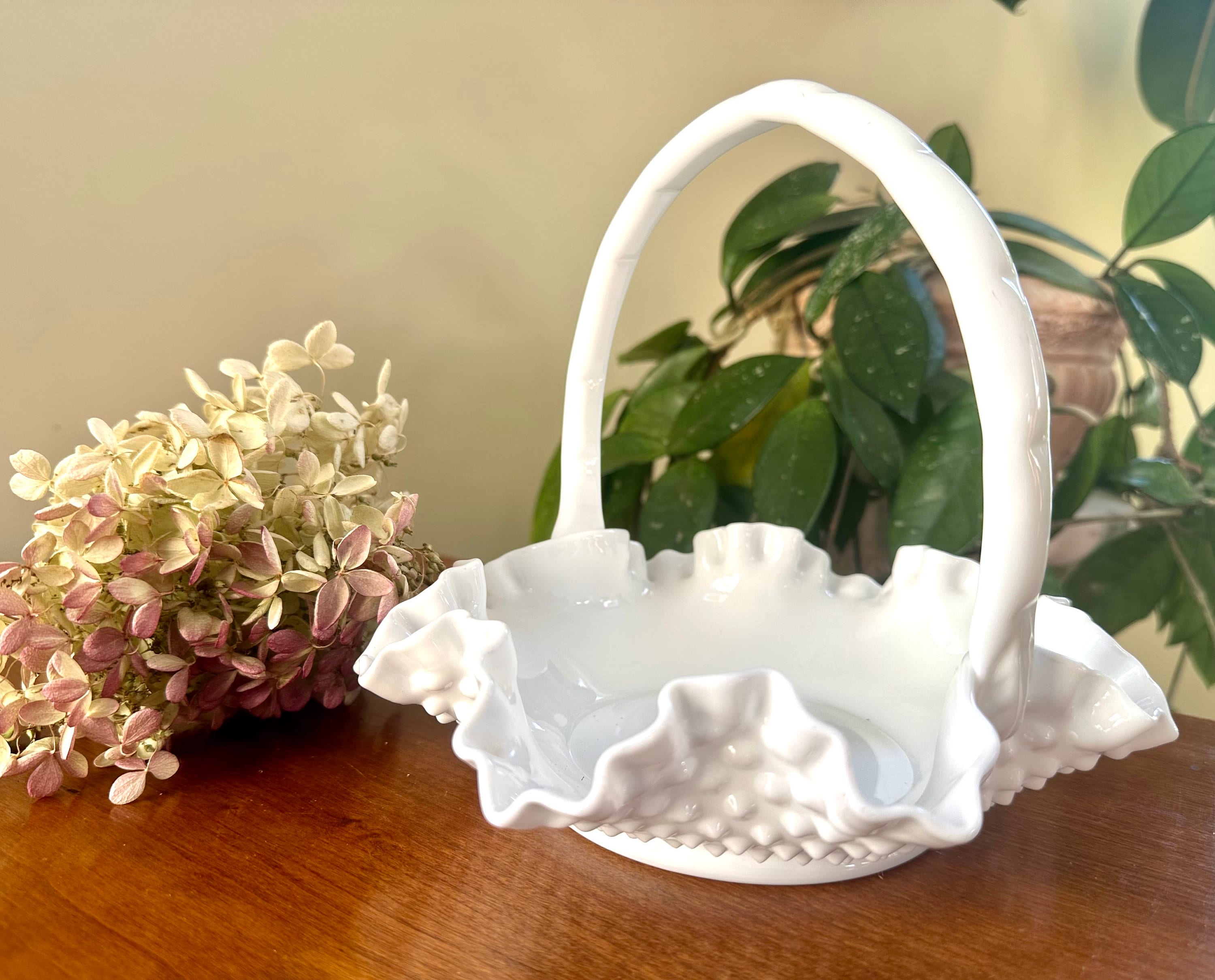 Adorable Fenton Milk Glass Hobnail Ruffled Basket With A Handle