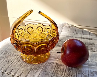 1960s L.E. Smith Moon and Stars Basket Bowl Candy Dish Split Handle Basket Amber Color