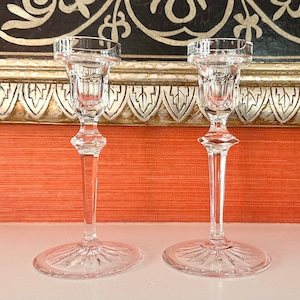 A Pair Of Candle Holders by Miller Rogaska, In Richmond Pattern, Hand Cut Crystal Mouth Blown Shabbat Candle Holders Signed