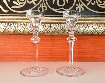 A Pair Of Candle Holders by Miller Rogaska, In Richmond Pattern, Hand Cut Crystal Mouth Blown Shabbat Candle Holders Signed