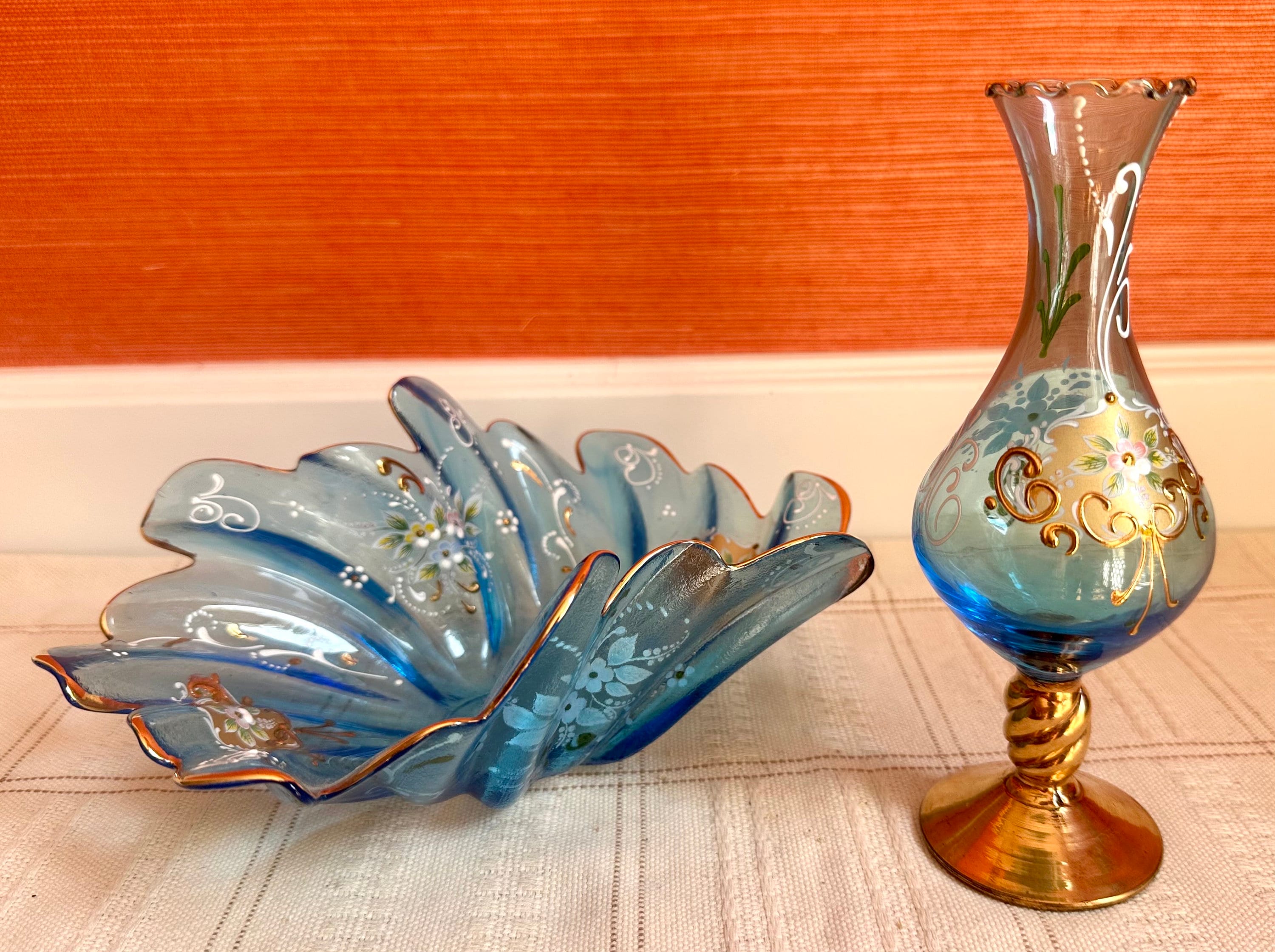 ヴィンテージ トレ・フオキ 花瓶とボウルセット ブルーガラスと24K
