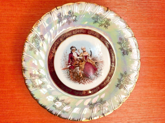 Rare Vintage Serving Plate Iridescent Colonial Couple Cabinet