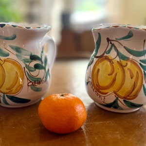 Può includere: Due brocche in ceramica bianca con disegni di frutta verde e gialla e una piccola arancia. Le brocche hanno un manico sul lato e un beccuccio in cima. I disegni di frutta sono dipinti sulle brocche e includono foglie e steli.
