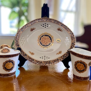T. Limoges France Bacchus Lidded Sugar Bowl, a Creamer And Oval Reticulated Serving Plate 4 Pieces Set Mint Condition