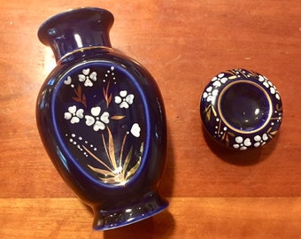 Vintage Porcelain Perfume or Liquor Bottle Lidded Cobalt Blue 24K Gold Novgorod 1970s Russia USSR Hand Painted LS26