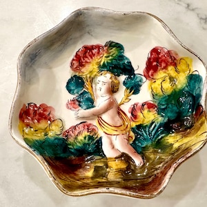 Capodimonte Cherub Relief Trinket Dish Italian Porcelain Cottage Chic Decor Fully Marked Hand Painted Vintage