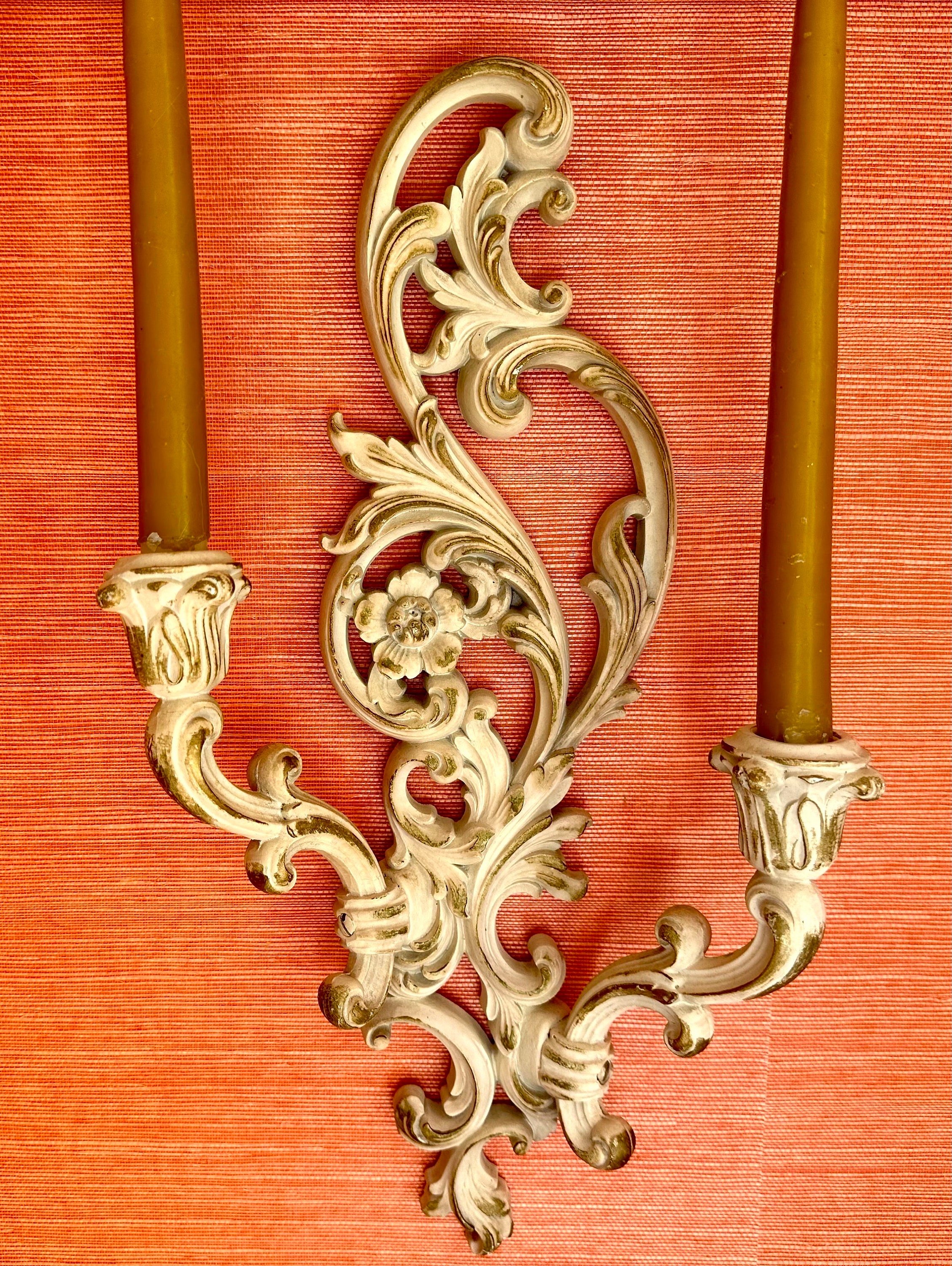 Antique Syroco Carved Painted Wall Sconce Candle Holder for 2