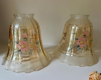 Vintage Light Amber Glass Lamp Shades With Floral Design Hand Painted Mid Century Lighting Floral