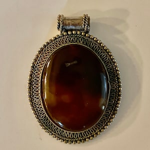 Oval Agate Pendant: Silver Filigree Bezel, Vintage Statement Jewelry