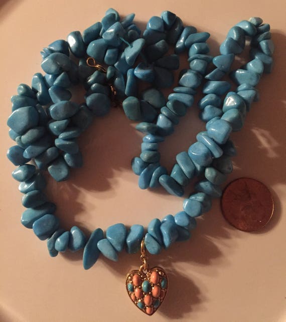 26" Genuine Turquoise Necklace With Gold Heart Pe… - image 3