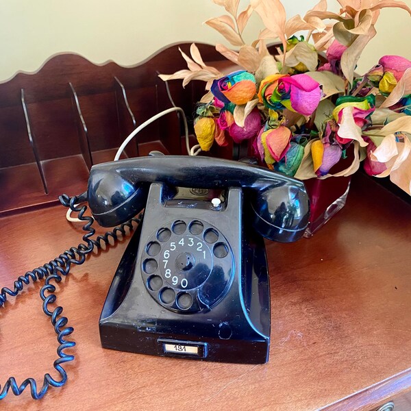 1969 Vintage Black Rotary Desk Telephone Ericsson PTT Mid Century Dial Phone Bakelite All Original
