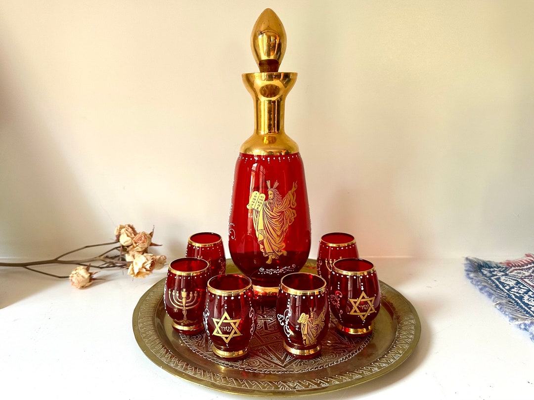 Vintage Venetian Ruby Red Glass Kiddush Set: 24kt Gold Judaica
