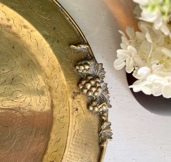 A Beautiful Vintage Solid Brass Round Tray Charger Platter Midcentury Etched Brass Grapes