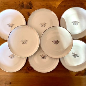 May include: A collection of eight white ceramic plates with a silver floral design in the center. Each plate has a silver rim. The plates are arranged on a wooden surface.
