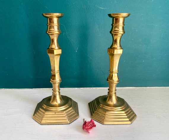 English Brass Candlestick With Push up Rods , Antique 19th Century  Victorian Brass Beehive Candlestick Holders 