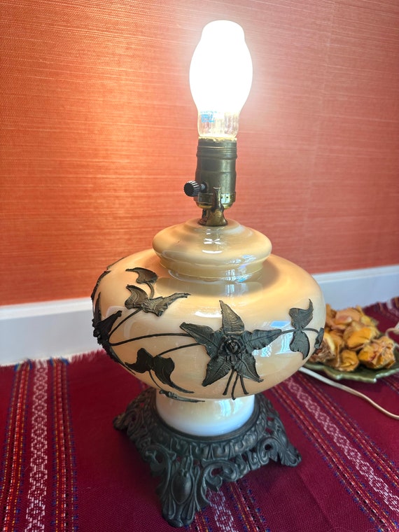 Vintage Carl Falkenstein Lamp: Opalescent Glass Globe, Brass Roses