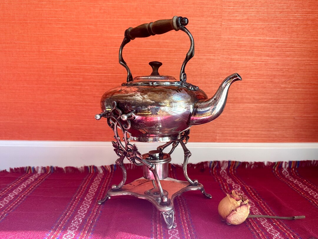 Antique Teapot Tipping Kettle With Wooden Handle, Stand and Burner Etsy