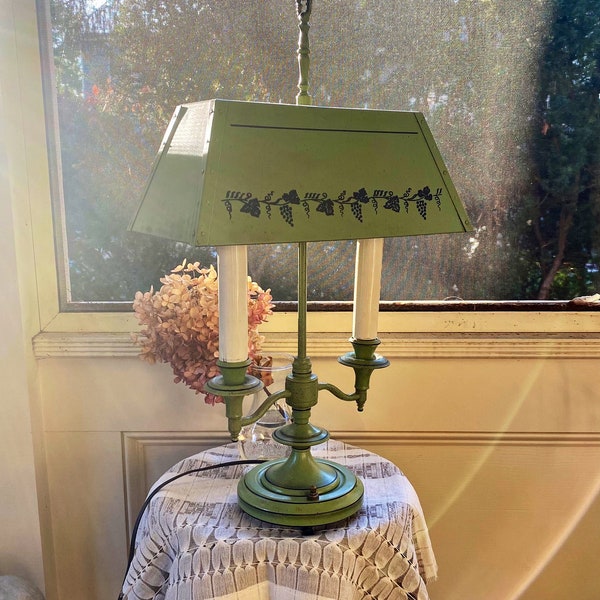 Vintage Bouillotte Green and Gold Toleware Desk Lamp Metal Tole Shade Colonial Mid Century Lamp