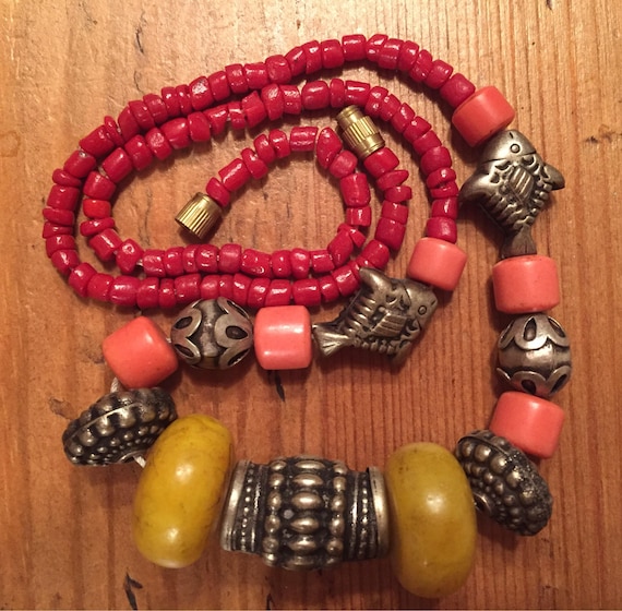 Vintage Tribal North African Necklace Coral Amber… - image 1